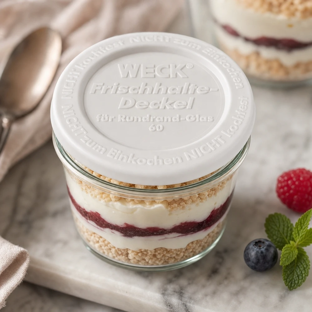 WECK Frischhaltedeckel RR60 WECK Frischhaltedeckel RR60 Dessertglas Schichtdessert Tiramisu Beeren Mint dekorative Präsentation Küchenstil