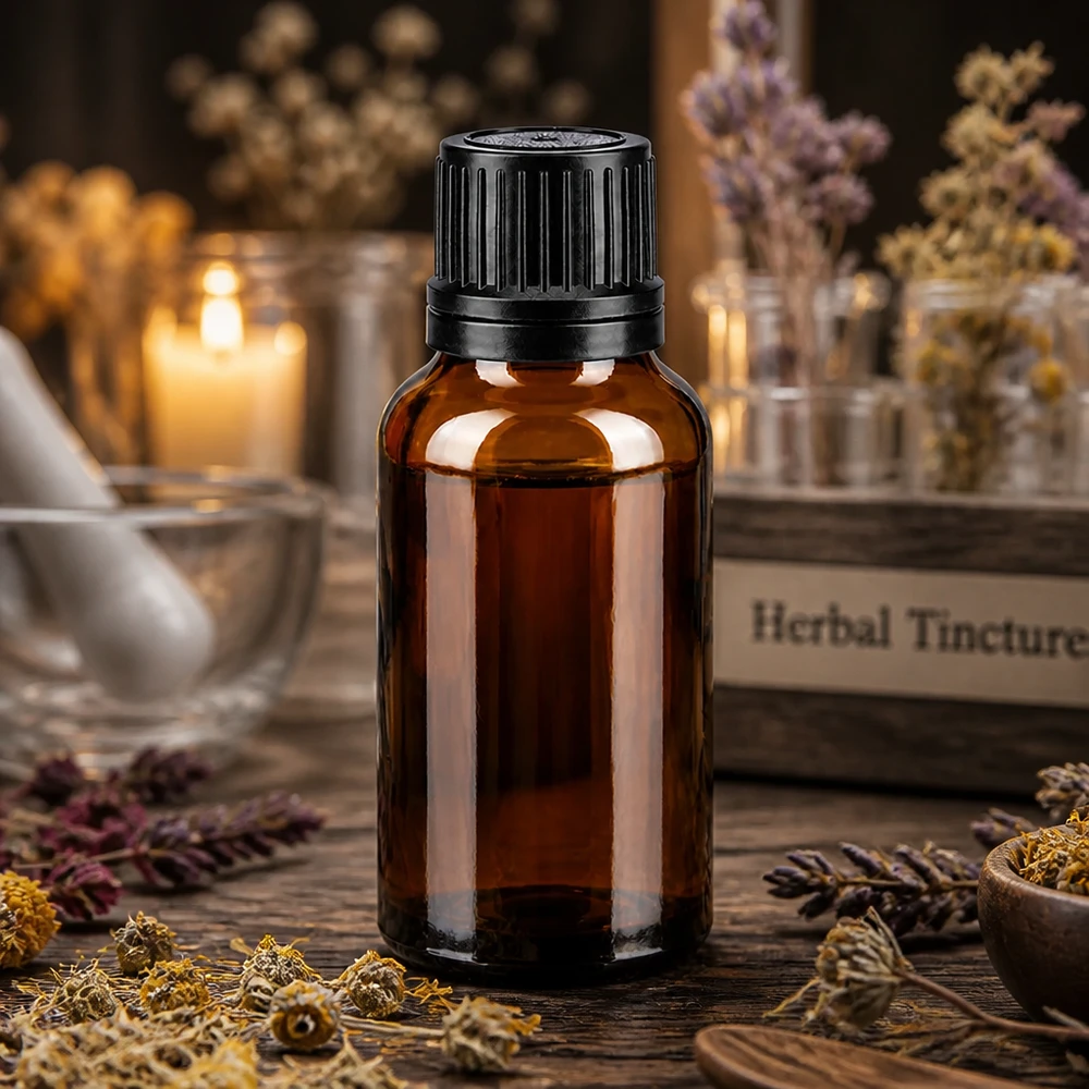 Flacon à usage pharmaceutique bleu 20ml bouchon d'inviolabilité noir 1mm Flacon compte-gouttes de 20 ml en verre ambré avec bouchon noir à sécurité enfant, destiné aux huiles essentielles