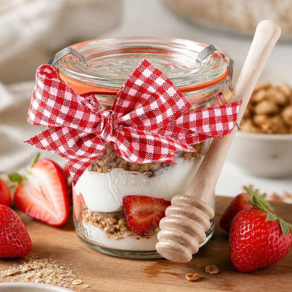 Mini bocal conique WECK 140 ml complet avec cuillère à miel et nud WECK Mini verre renversé 140ml yaourt muesli fraises dessert stratifié cuillère à miel bois vichy ruban rouge blanc