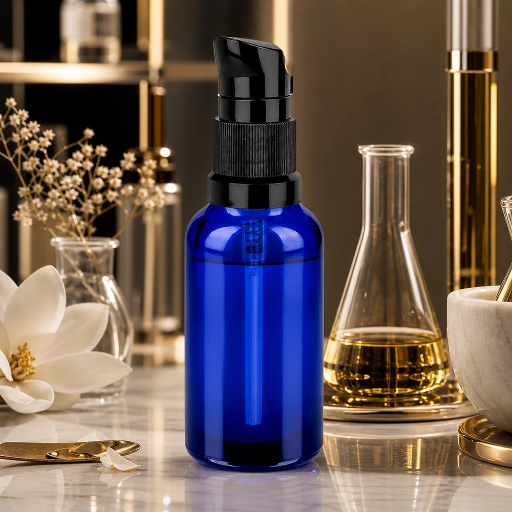 Pratico flacone a pompa da 30 ml in vetro blu, perfetto per i sieri anti-età.