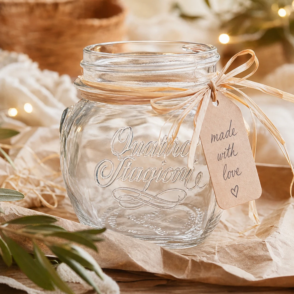 Bicchiere da 300ml "Quattro Stagioni" Barattolo Quattro Stagioni da 300 ml con coperchio e fiocco come confezione regalo su un tavolo di legno