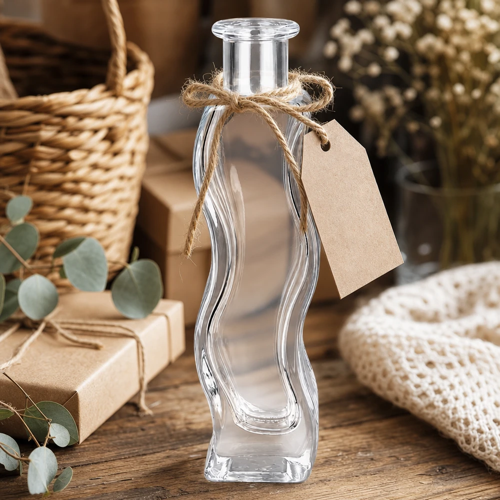 Bottiglia di vetro Melissa da 100 ml con ciondolo in carta kraft e cordino di iuta, decorata in un ambiente rustico con eucalipto.