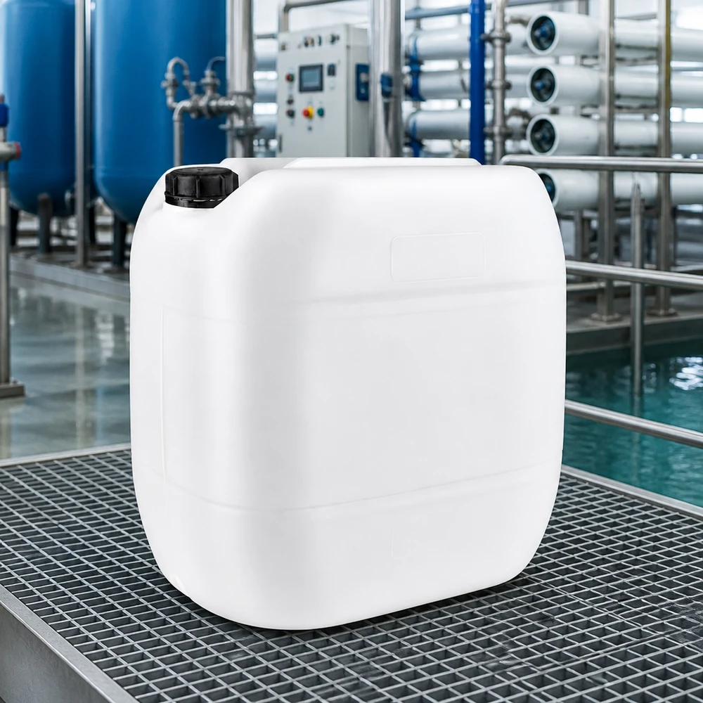 Jerrican de 30 litres avec bouchon à vis Bidon robuste de 30 litres muni d'un bouchon à vis, posé sur une grille dans une station de traitement de l'eau