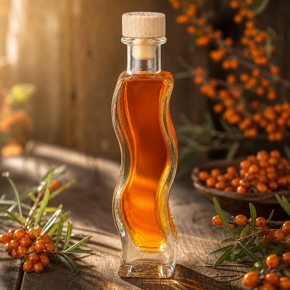 Flacone in vetro da 100 ml Melissa con tappo in sughero con impugnatura in legno UNiTWIST® Bottiglia di vetro Melissa 100ml riempita con olio di olivello spinoso tra rami di olivello spinoso decorazione naturale tappo di legno
