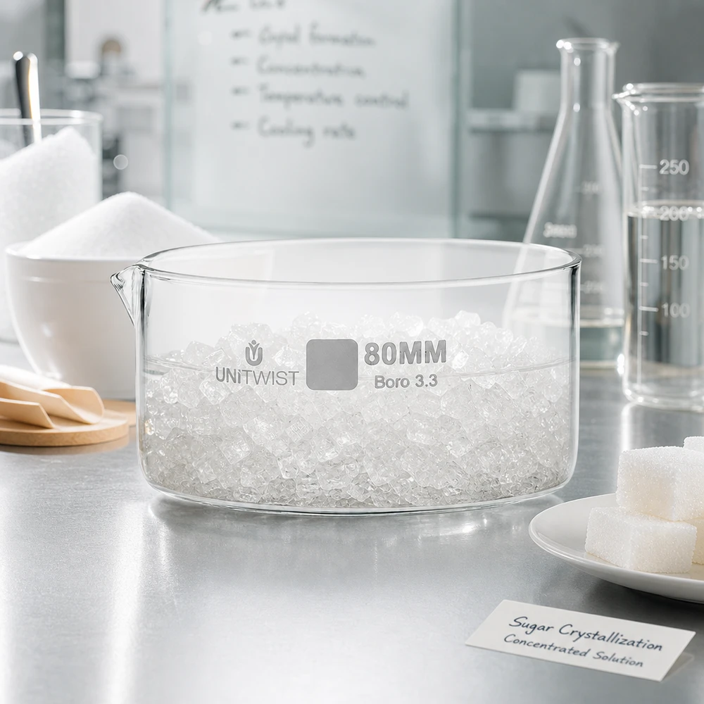 Cristallisoir ø80mm verre borosilicaté UNiTWIST Cristallisation du sucre dans le bac de cristallisation UNiTWIST de 80 mm en verre borosilicaté avec une solution concentrée