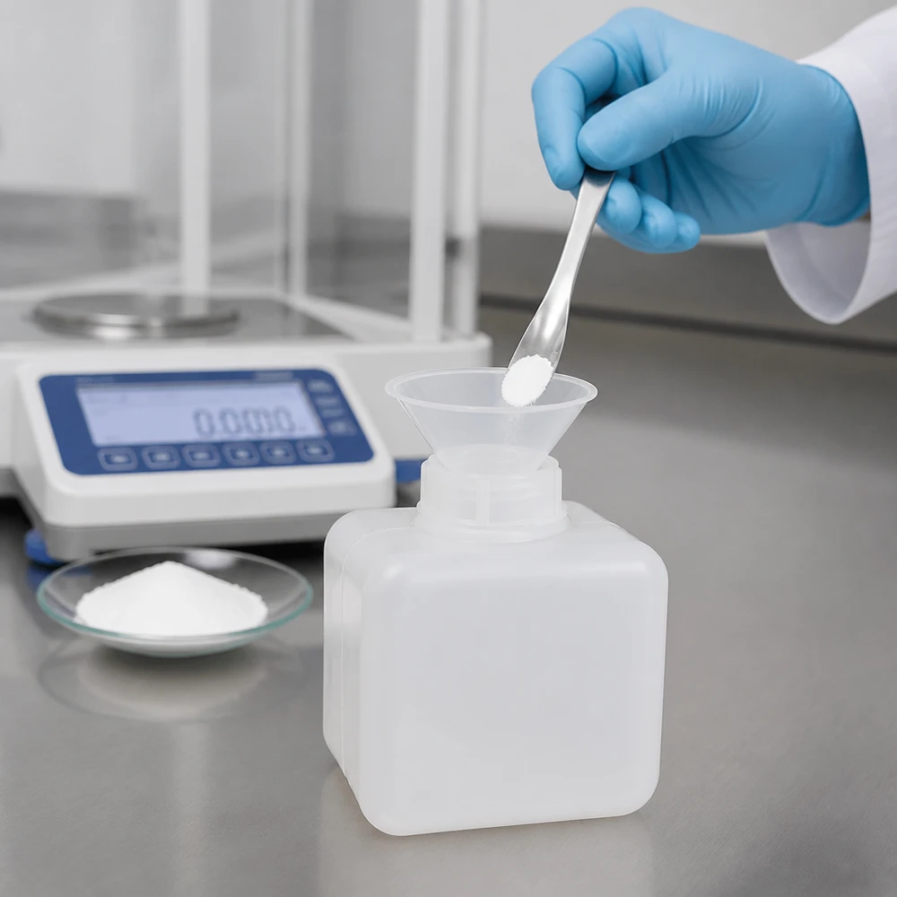 Flacon à produits chimiques 500 ml à col étroit, PEHD couleur naturelle, avec bouchon GL 32 Flacon de produits chimiques de 500 ml en PE-HD à col étroit, utilisé pour le remplissage professionnel de poudre, avec une balance de laboratoire en arrière-plan