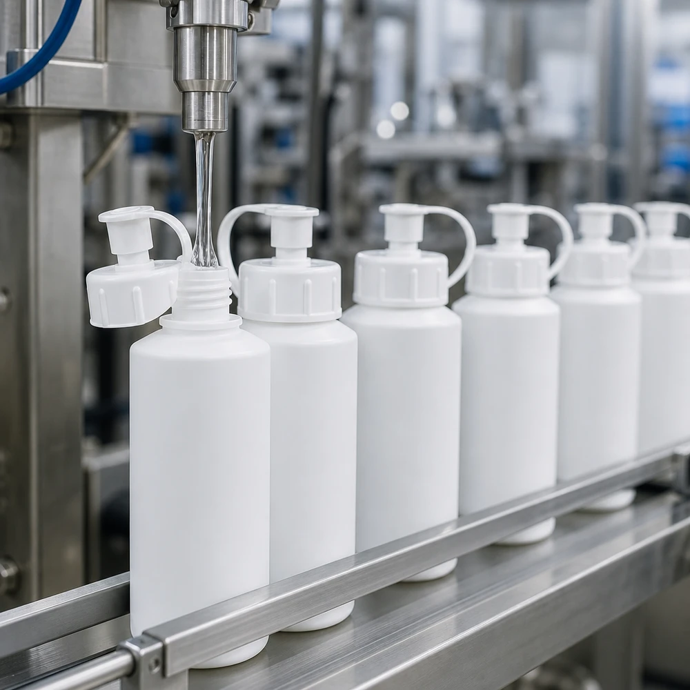Fabrication industrielle de flacons de pharmacie blancs en PEHD de 30 ml avec bouchon injecteur, en salle blanche