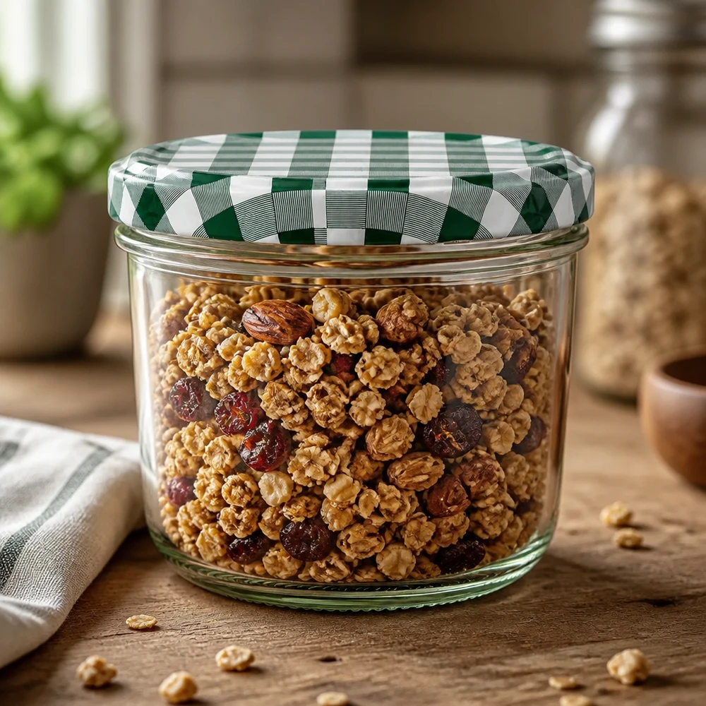 Barattolo 230ml con noci muesli BasicSeal coperchio verde-bianco a scacchiera barattolo cucina tavolo in legno