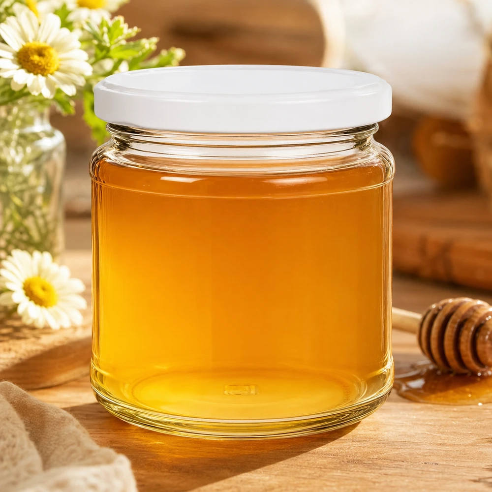 212ml Rundglas mit BasicSeal Deckel gefüllt mit goldenem Honig neben Honiglöffel und Blumen auf Holzuntergrund