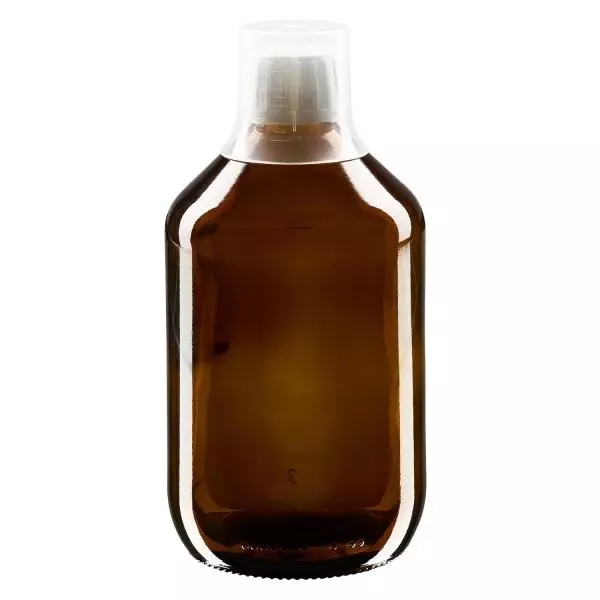 Flacone per medicinali da 500 ml marrone, chiusura OV con coppetta dosatrice 3