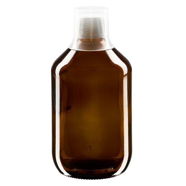 Flacone per medicinali da 500 ml marrone, chiusura OV con coppetta dosatrice 3 Flacone per medicinali da 500 ml marrone, chiusura OV con coppetta dosatrice 3