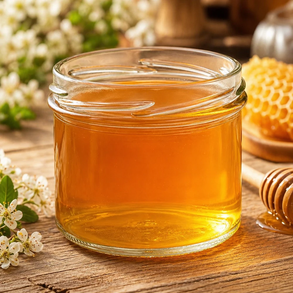 UNiTWIST Sturz225 Sturzglas 225ml TO82 mit goldenem Honig gefüllt auf Holztisch mit Bienenwaben und Blüten