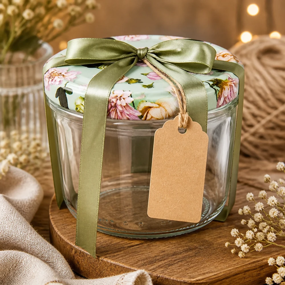 230ml Sturzglas + BasicSeal Deckel Blume mint UNiTWIST 230ml Sturzglas als Geschenk dekoriert mit grüner Schleife und Anhänger, perfekt für selbstgemachte Marmelade