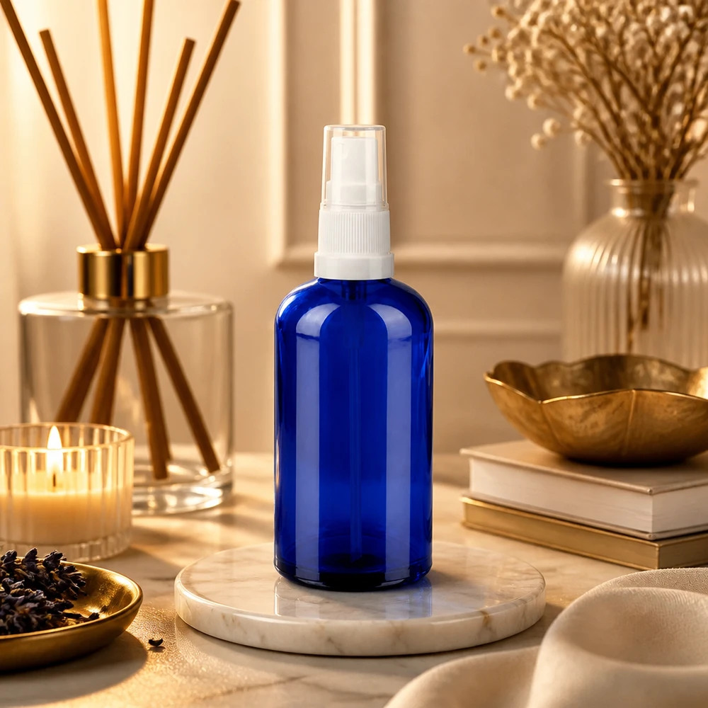 100ml Sprayflasche weiß/transparent Standardverschluss BlueLine UT18/100 Hochwertige blaue Glasflasche 100ml mit Sprühfunktion perfekt für selbstgemachte Beauty-Produkte