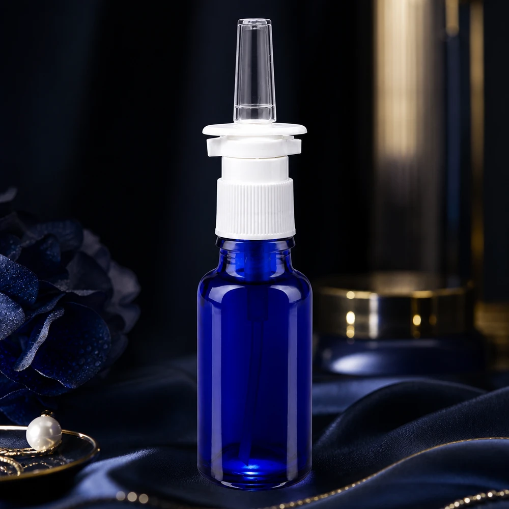 Apothekenflasche blau 20ml Nasenzerstäuber weiß Standard Hochwertige 20ml kobaltblaue Nasensprayflasche mit weißem Dosierpumpkopf ApoGlas Standard