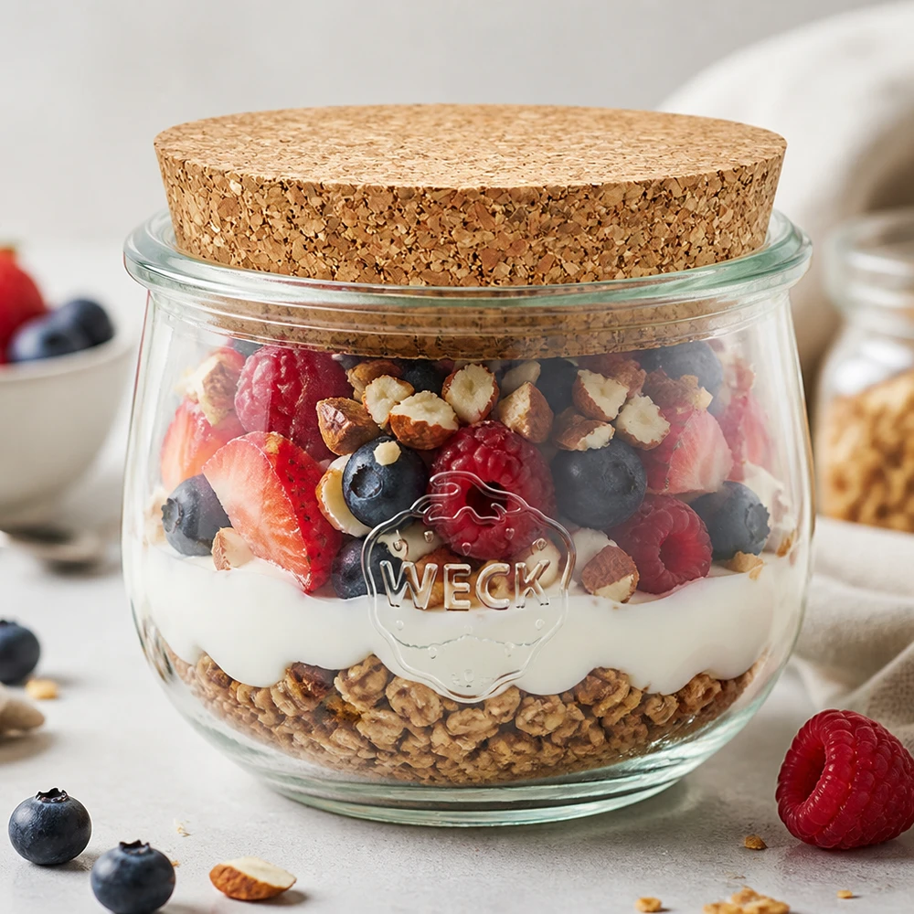 Vaso a tulipano da 580 ml WECK RR100 con tappo in sughero naturale WECK barattolo a tulipano 580ml con coperchio in sughero come barattolo per muesli con yogurt, bacche e noci Colazione in barattolo