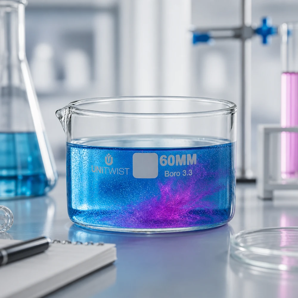 Cristallisoir ø60mm verre borosilicaté UNiTWIST Coupelle de cristallisation UNiTWIST de 60 mm avec réaction colorée bleu-violet dans un environnement de laboratoire professionnel