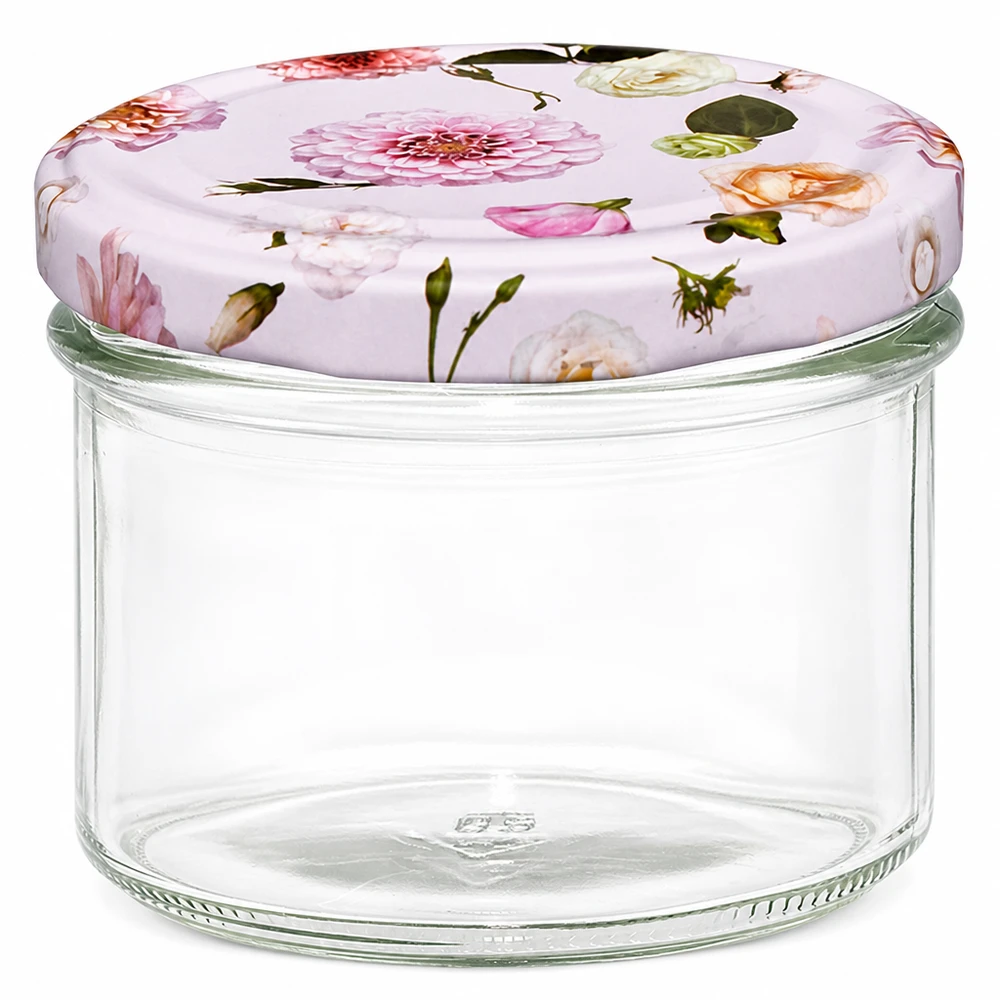 225ml Sturzglas + BasicSeal Deckel Blume rosa UNiTWIST 225ml Sturzglas mit rosa Blumen BasicSeal Deckel - leeres Einmachglas für Marmelade und Konserven
