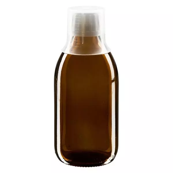 Flacone per medicinali da 250 ml marrone, tappo OV con coppetta dosatrice 3