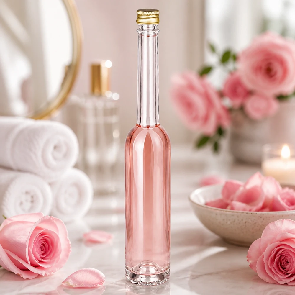 Flacone in vetro Toni da 100 ml con liquido rosa in un'atmosfera da wellness spa - tappo d'oro UNiTWIST tra le rose