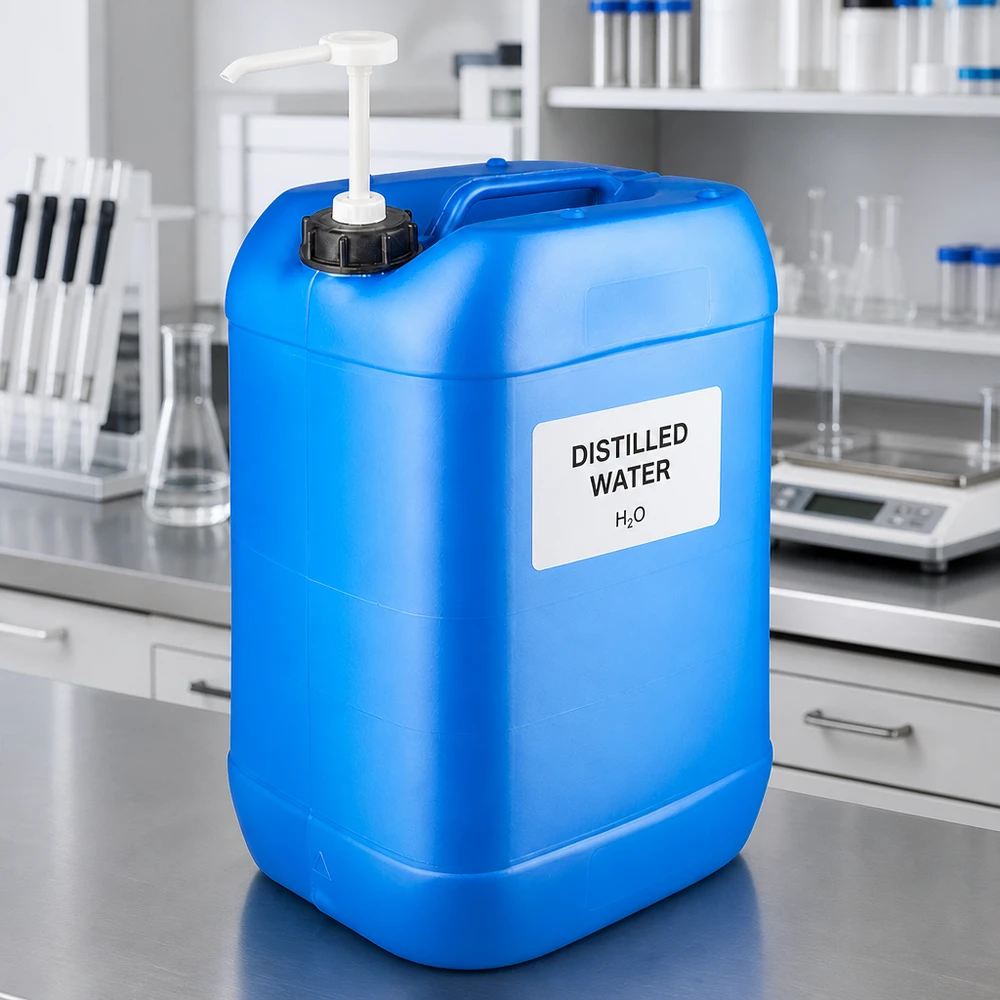 Stabiler blauer Industriekanister 25L mit Pumpe zur sicheren Entnahme von destilliertem Wasser