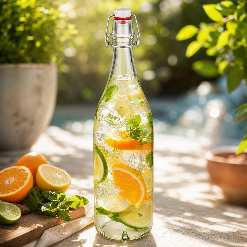 Bottiglia di vetro da 1000 ml con tappo oscillante riempita di punch agli agrumi arancia lime menta su una terrazza soleggiata