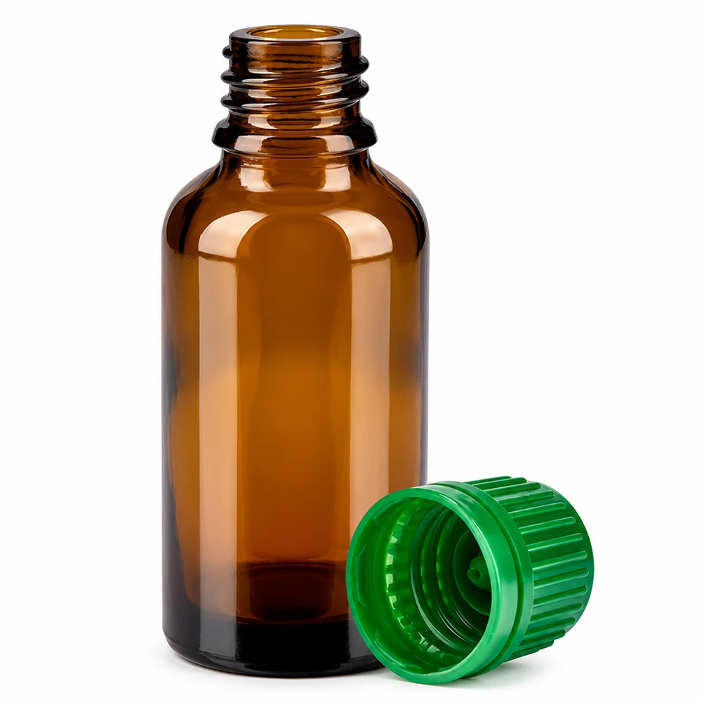 Flacone in vetro ambrato di alta qualità da 30 ml con design a prova di luce e tappo verde antimanomissione