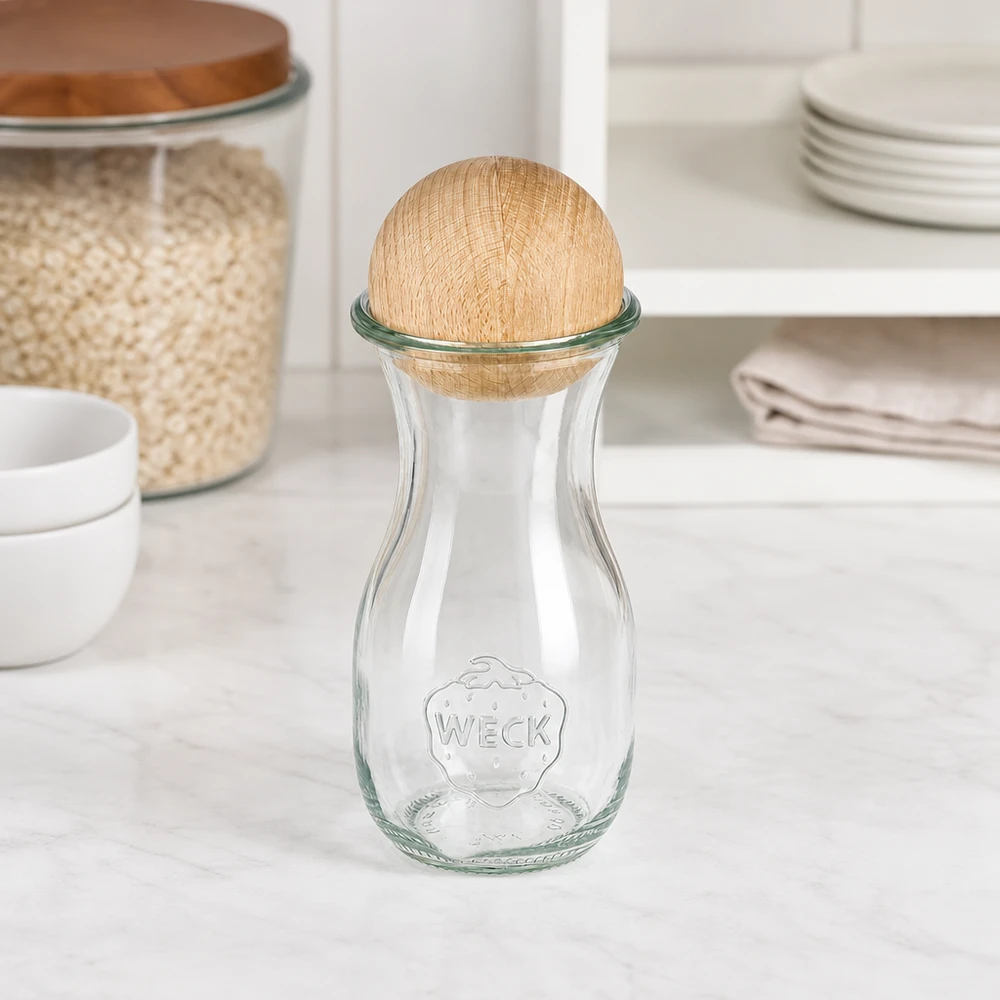 Bottiglia per succhi di frutta da 290 ml WECK RR60 con sfera in legno di faggio Bottiglia in vetro WECK 290ml RR60 con sfera in legno di faggio in cucina bianca accanto a barattoli e pile di stoviglie