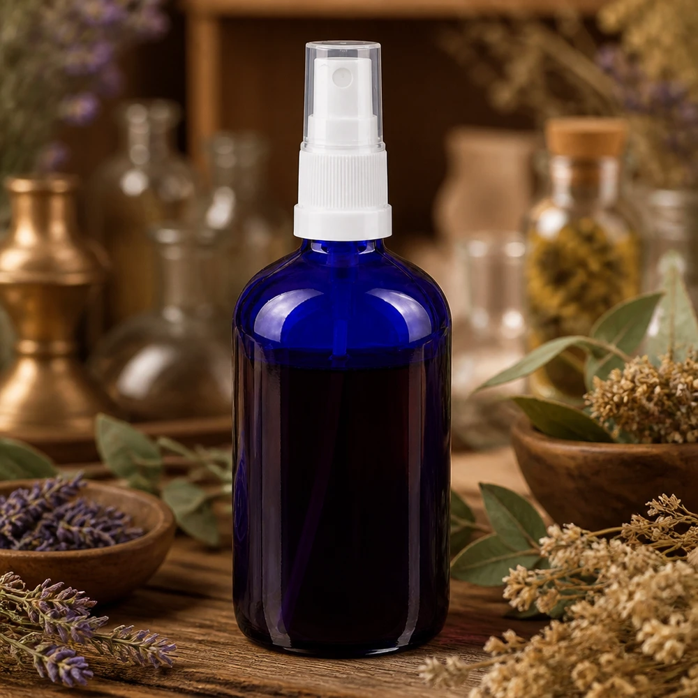 Apothekenflasche blau 100ml Sprayaufsatz weiß Blaue Apothekerglas Sprayflasche 100ml Standardgröße mit weißem Zerstäuber für Naturprodukte