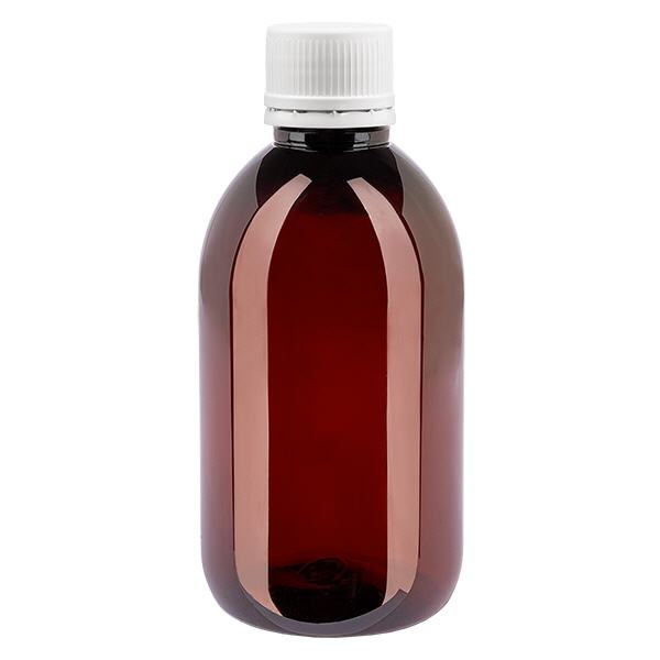 Bottiglia in PET da 250 ml con tappo bianco antimanomissione, finemente scanalata Bottiglia in PET da 250 ml con tappo bianco antimanomissione, finemente scanalata