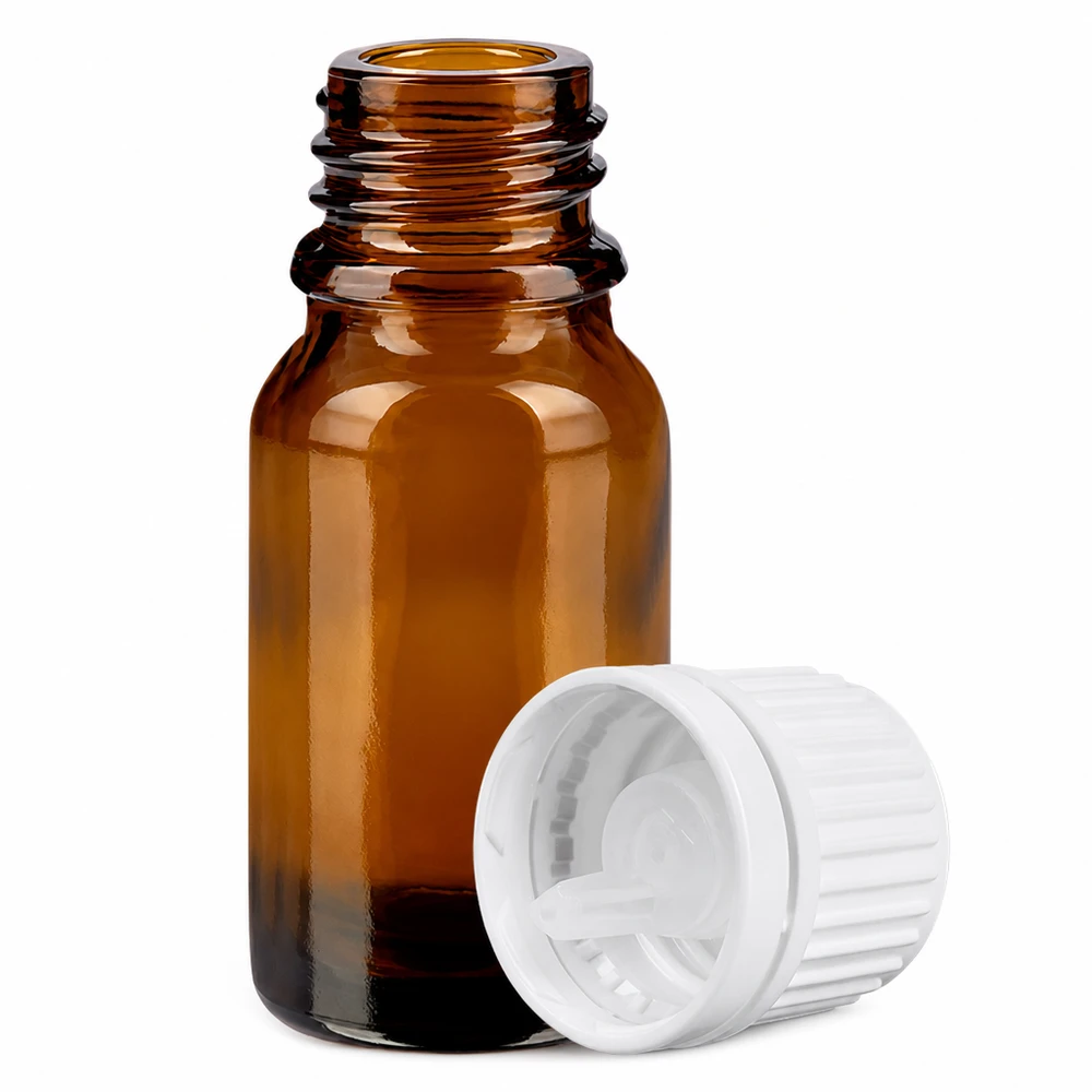 Flacone contagocce compatto da 10 ml in vetro ambrato protetto dai raggi UV con inserto contagocce di precisione