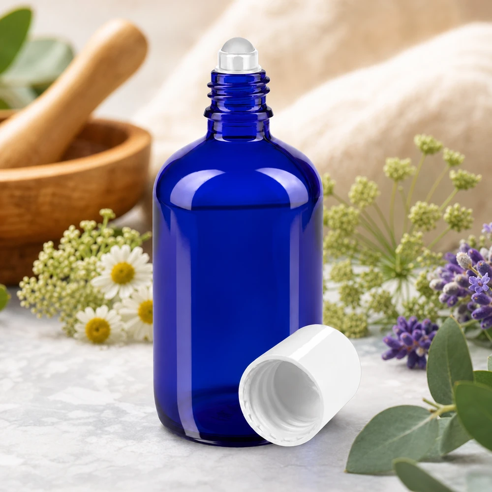 Blaue 100ml Roll-On Flasche aus UV-Schutzglas ideal für Essenzen und Parfüm