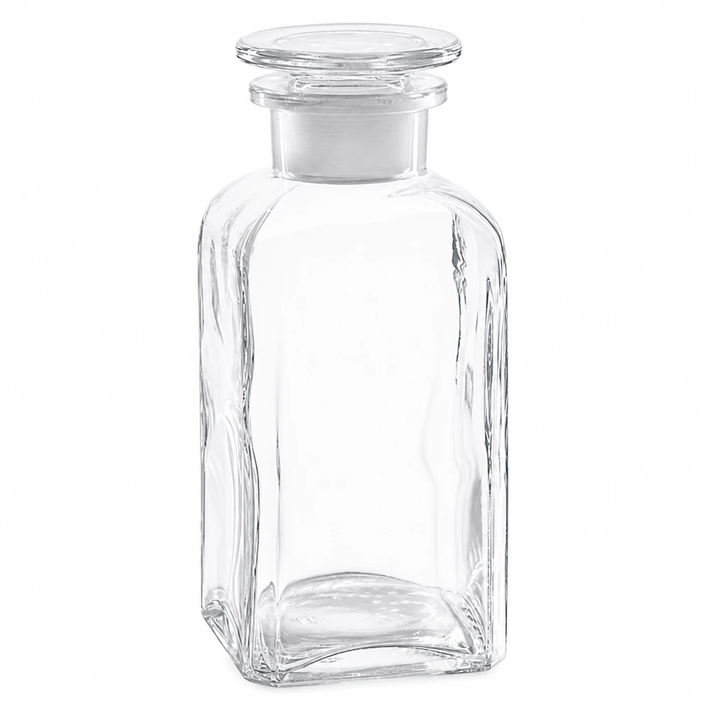 Vierkantflasche 350ml klar Weithals Glasstopfen Vierkantflasche Glas 350ml klar quadratische Form mit Glasstopfen Weithalsöffnung