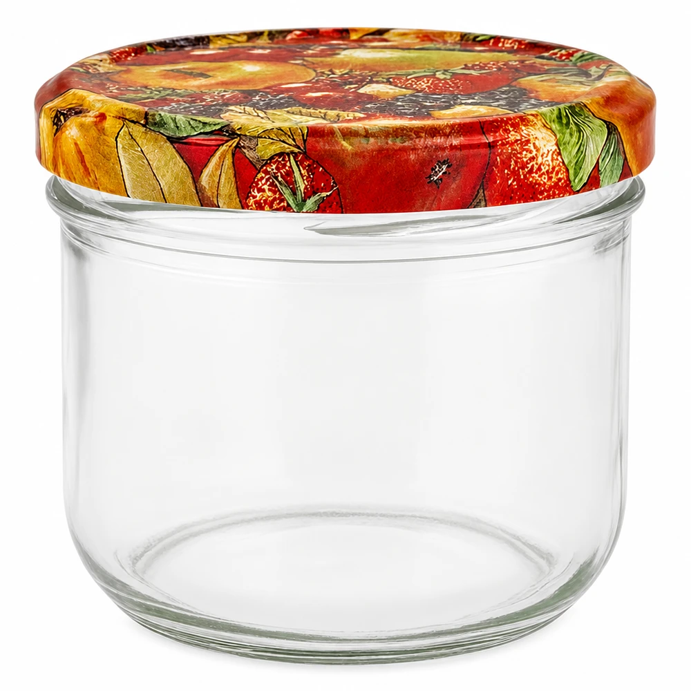 260ml Sturzglas + BasicSeal Deckel Obst-Dekor UNiTWIST 260ml Sturzglas mit buntem Obst-Dekor Deckel, leeres Einmachglas für Marmelade und Konserven