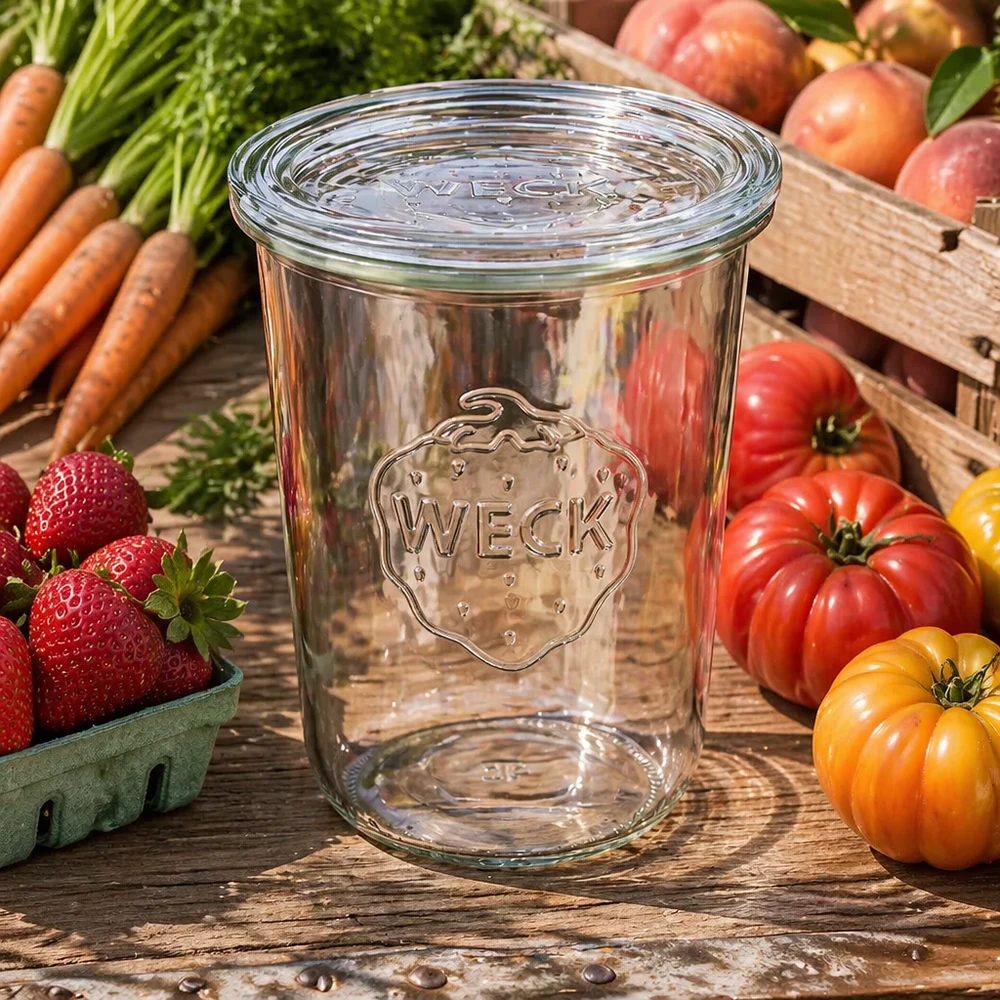 Bocal en verre de 850 ml avec couvercle en verre WECK RR100 WECK Sturzglas 850ml RR100 umgeben von frischem Gemüse Obst zeigt vielseitige Verwendung für Meal Prep und Vorratshaltun