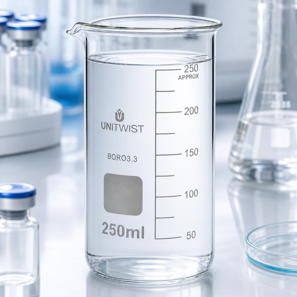 Bicchiere 250ml borosilicato, stampo alto UNITWIST UNITWIST Bicchiere da laboratorio da 250 ml, modello alto, in borosilicato, con campo di scrittura bianco e scala millimetrica