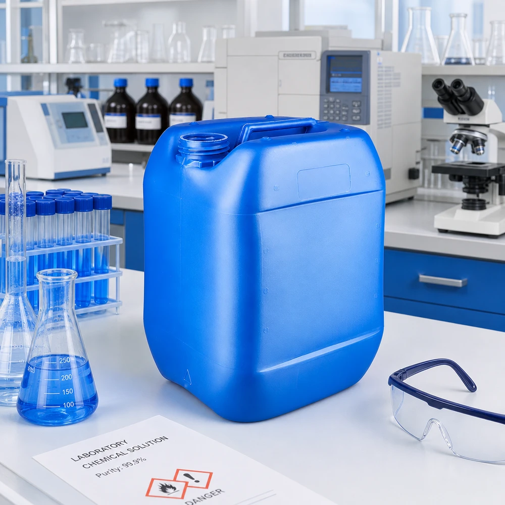 Bidon 10 litres bleu sans bouchon Bidon bleu de 10 litres sans bouchon posé sur une paillasse blanche, à côté d'un ballon d'Erlenmeyer