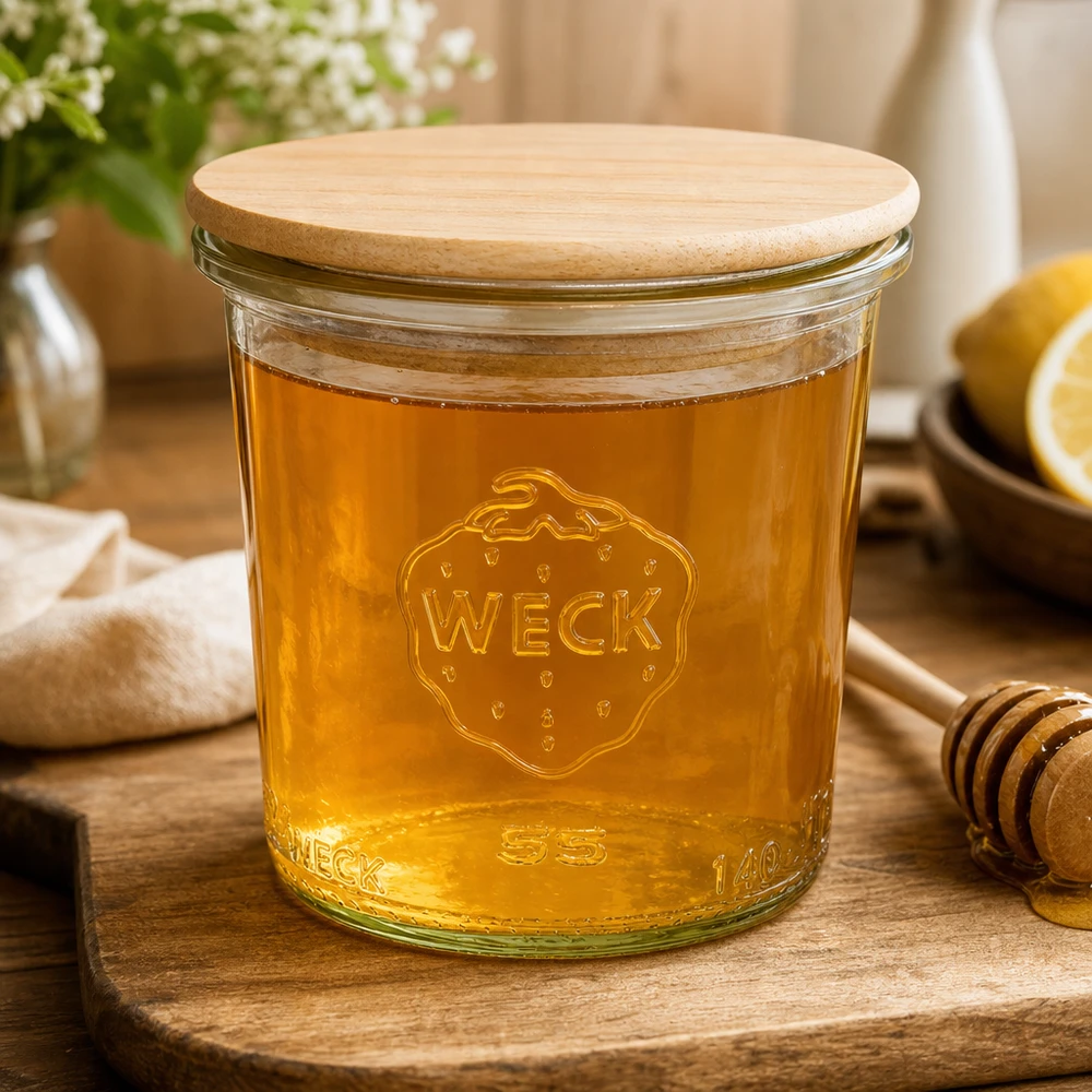 WECK Sturzglas 140ml RR60 mit Honig gefüllt und Holzdeckel zeigt Vielseitigkeit für süße Aufstriche
