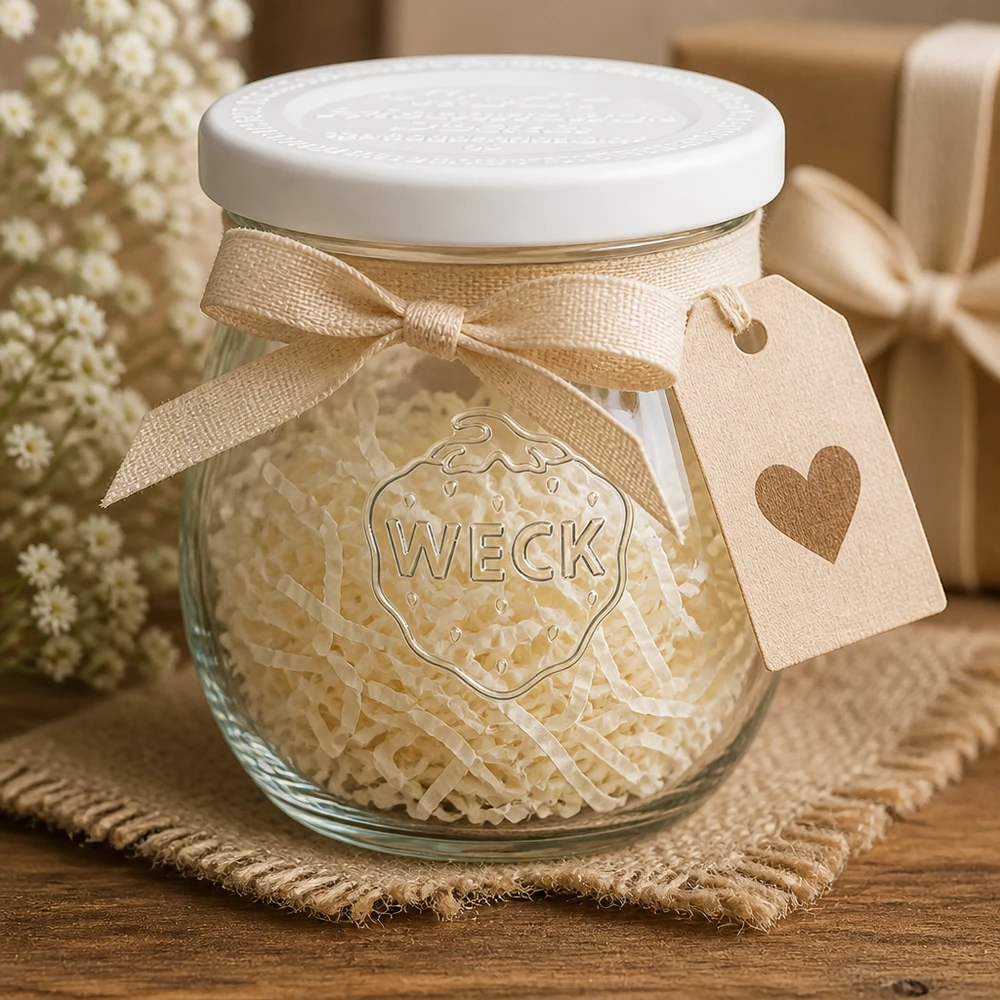 Vaso a tulipano da 220 ml con coperchio ermetico WECK RR60 WECK vaso a tulipano 220ml RR60 decorativo con nastro e ciondolo a forma di cuore - idea regalo vaso da conserva rustico