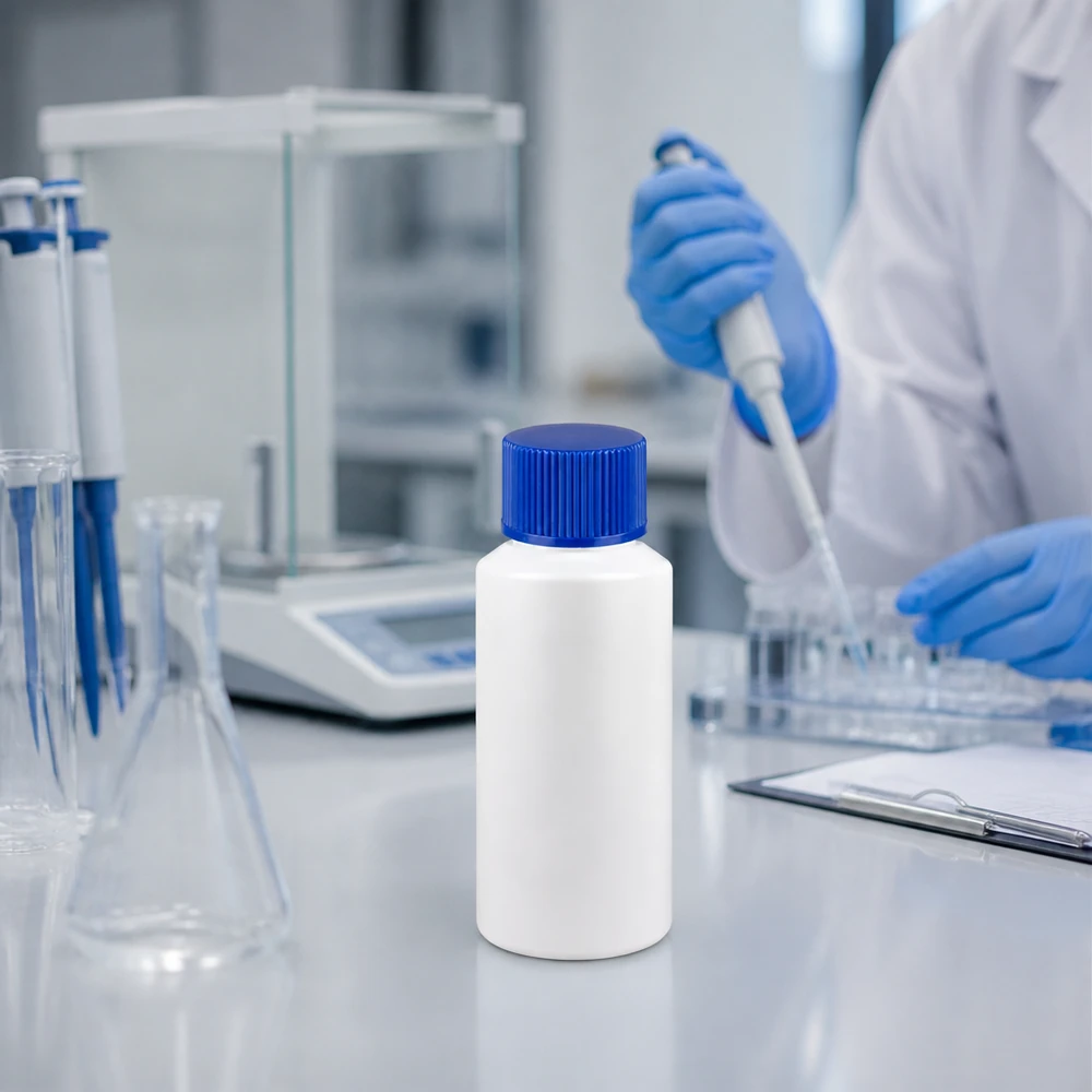 Micropipette et plaque de microtitrage à côté d'un flacon de laboratoire blanc en PEHD de 30 ml avec un bouchon bleu
