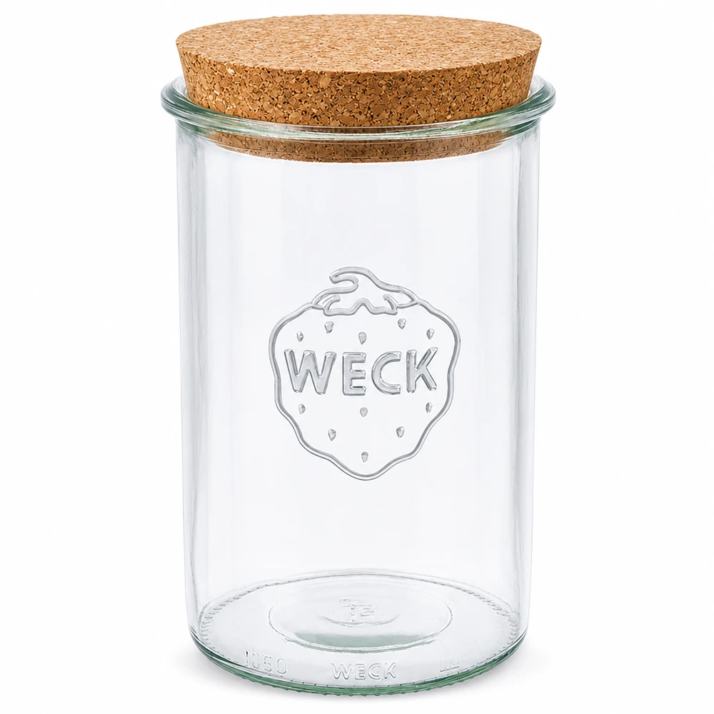 Bicchieri da 1000ml WECK RR100 con tappo in sughero naturale Barattolo da 1000 ml WECK RR100 con coperchio in sughero naturale Barattolo trasparente per conserve con logo WECK