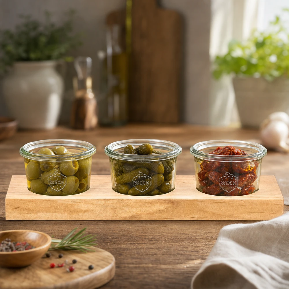 Tagliere Plano3 con 3 vasetti Weck da 80 ml Elegante tagliere in legno con 3 barattoli Weck pieni di olive e pomodori secchi in una cucina moderna