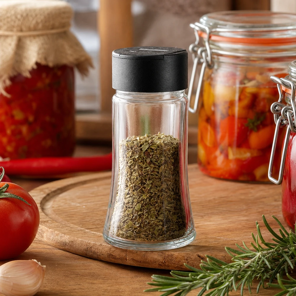 Pot à sel/épices 95 ml avec double saupoudreuse, noir Gewürzstreuer 95ml aus Glas mit schwarzem Deckel perfekt für Oregano Basilikum und Thymian