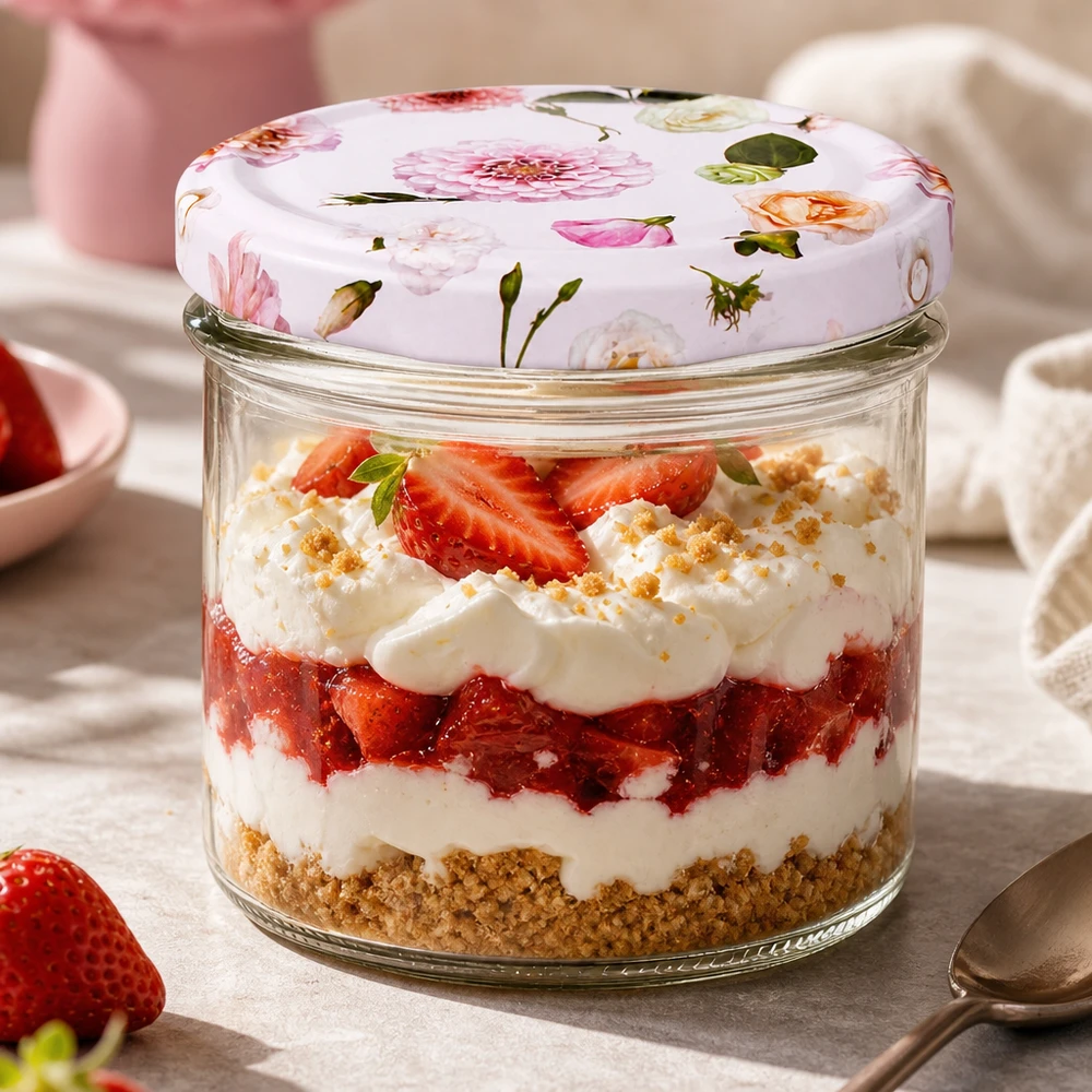 225ml Sturzglas + BasicSeal Deckel Blume rosa UNiTWIST Strawberry Cheesecake Dessert im 225ml Sturzglas mit rosa Blumen BasicSeal Deckel - perfekt für Schichtdesserts