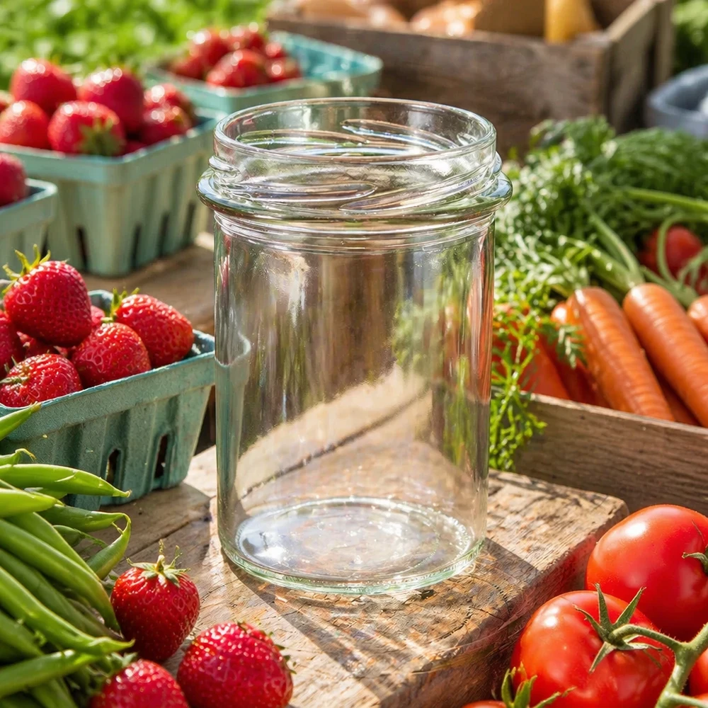 UNiTWIST Sturz230 Sturzglas 230ml TO66 leeres Einmachglas auf Holzbrett umgeben von frischen Erdbeeren Tomaten Karotten