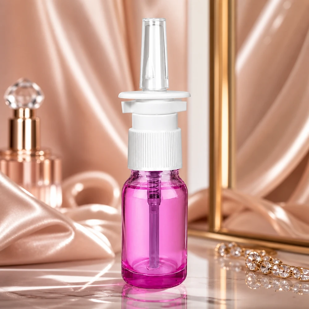 10ml Nasensprayflasche weiß/transparent Standard PurpleLine. UT18/10 Medizinische 10ml Nasensprayflasche lila transparent mit hygienischem weißen Sprühventil