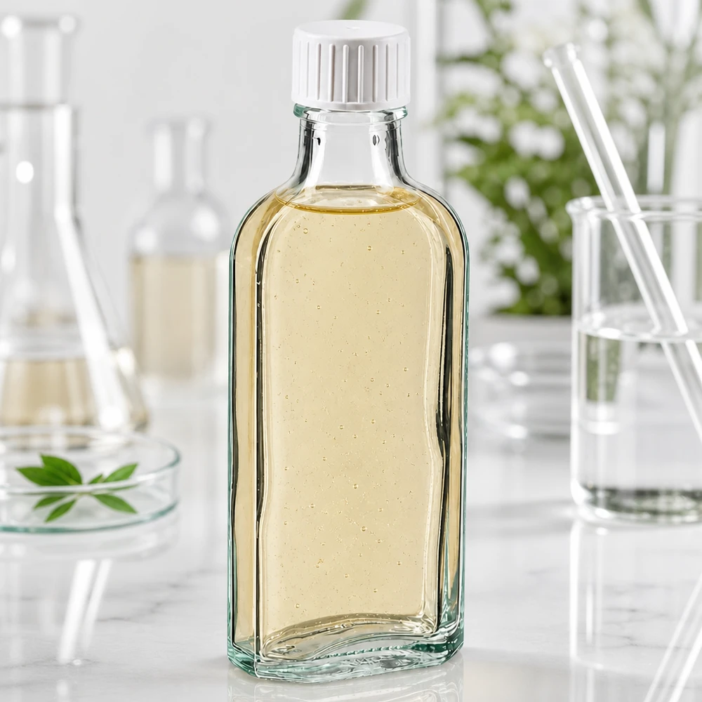 100 ml Meplat klar Schraubverschluss mit Giessring Pharmaglasflasche 100ml Meplat klar mit Schraubverschluss und Gießring in Laborumgebung