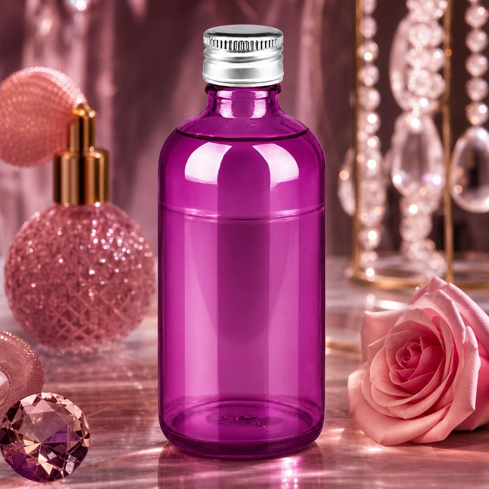 100ml Flas. 11mm Schraubverschluss Alu-Silber Standard PurpleLine. UT18/100 Designerflasche 100ml aus violettem Glas mit elegantem Aluminiumverschluss für Beauty-Produkte