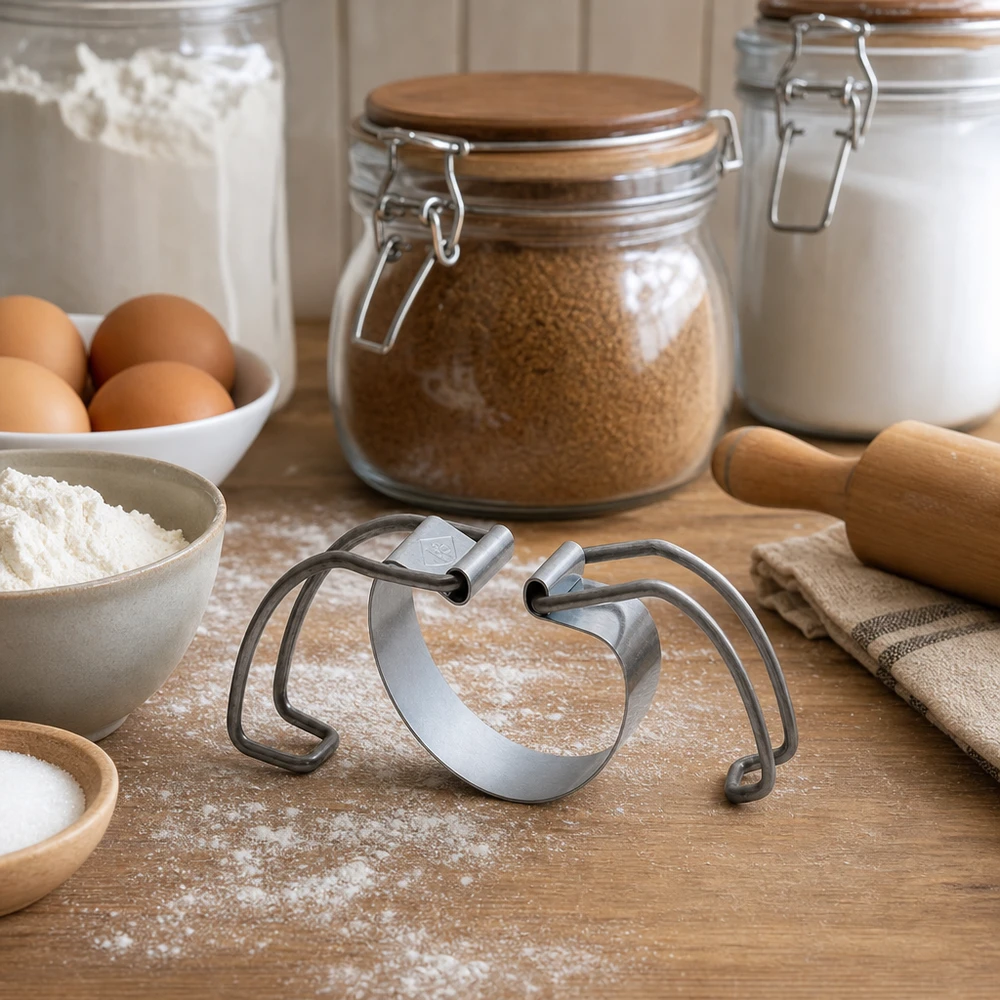 Staffa di fissaggio RR100 RR100 scaffale di conservazione in un ambiente di cucina con ingredienti da forno, farina, uova e barattoli di conservazione su un piano di lavoro in legno