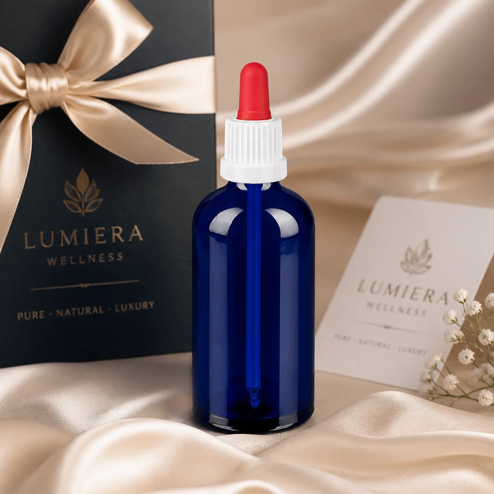 Flacone per pipette da 100 ml bianco/rosso OV BlueLine UT18/100 Flacone da farmacista da 100 ml in vetro blu con protezione UV per sostanze sensibili alla luce